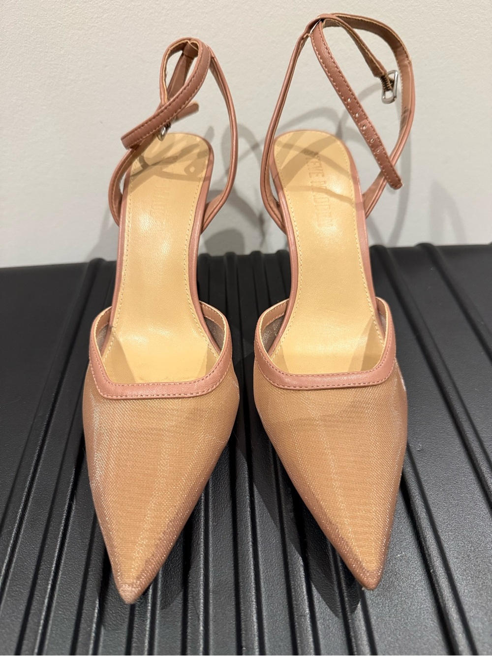 Steve Madden Alliance Pointed Mesh Ankle-Strap Heels in nude